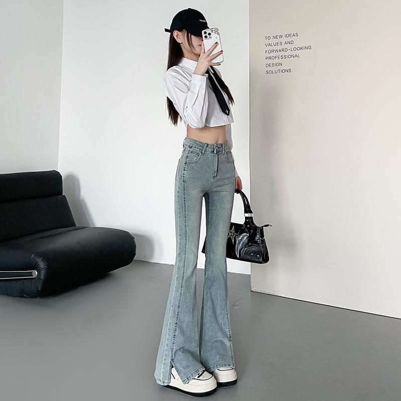 大码胖mm高腰显瘦修身微喇叭牛仔裤女2025夏季开叉长裤拖地马蹄裤|undefined