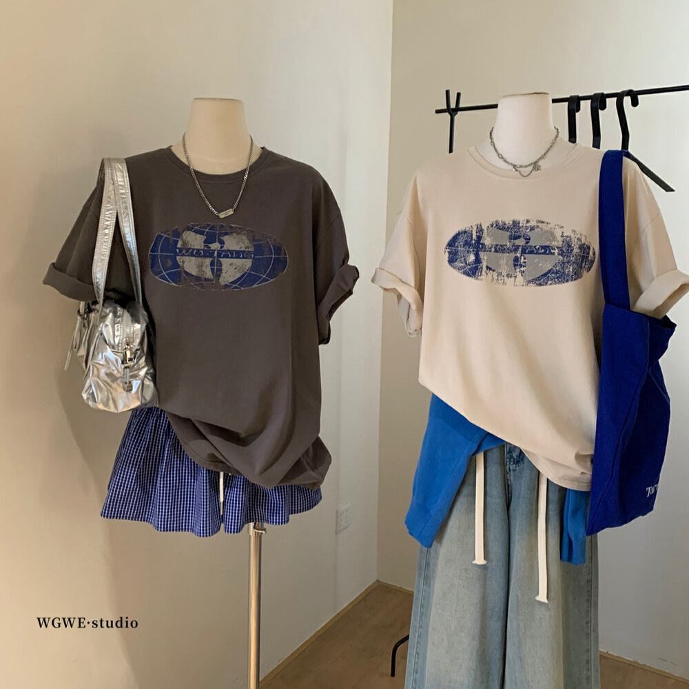 WGWE 2025 verano retro estampado lavado y viejo globo tabla de media manga superior camiseta de manga corta mujer W5603