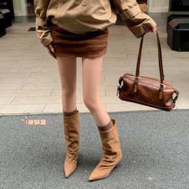 hhh女靴女鞋小众轻奢秋冬手工复古外贸跨境西部靴细跟尖头褶皱筒