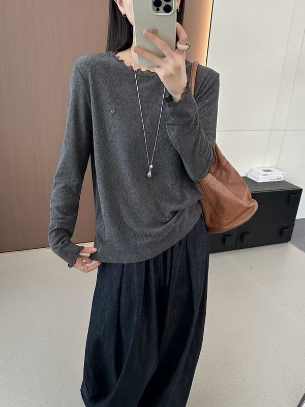 正版秋新款圆领宽松显瘦百搭木耳边长袖T恤打底衫上衣女|undefined