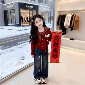 女童秋冬红色喜庆毛衣休闲新款小女孩拜年服开衫可爱加厚针织毛衣