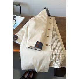 撞色格纹中长款风衣外套女秋冬新款韩版翻领工装棉服休闲夹克