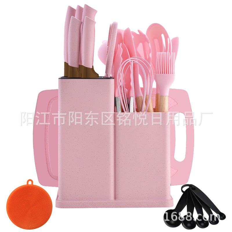 Cuchara de silicona con mango de madera, juego de utensilios de cocina, combinación de cuchillos, cuchara resistente a altas temperaturas, sartén antiadherente, cubo de almacenamiento, juego de 25 piezas para el hogar