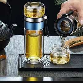 高档双层茶水分离玻璃水杯隔热透明茶杯便携网红可爱女礼品过滤杯