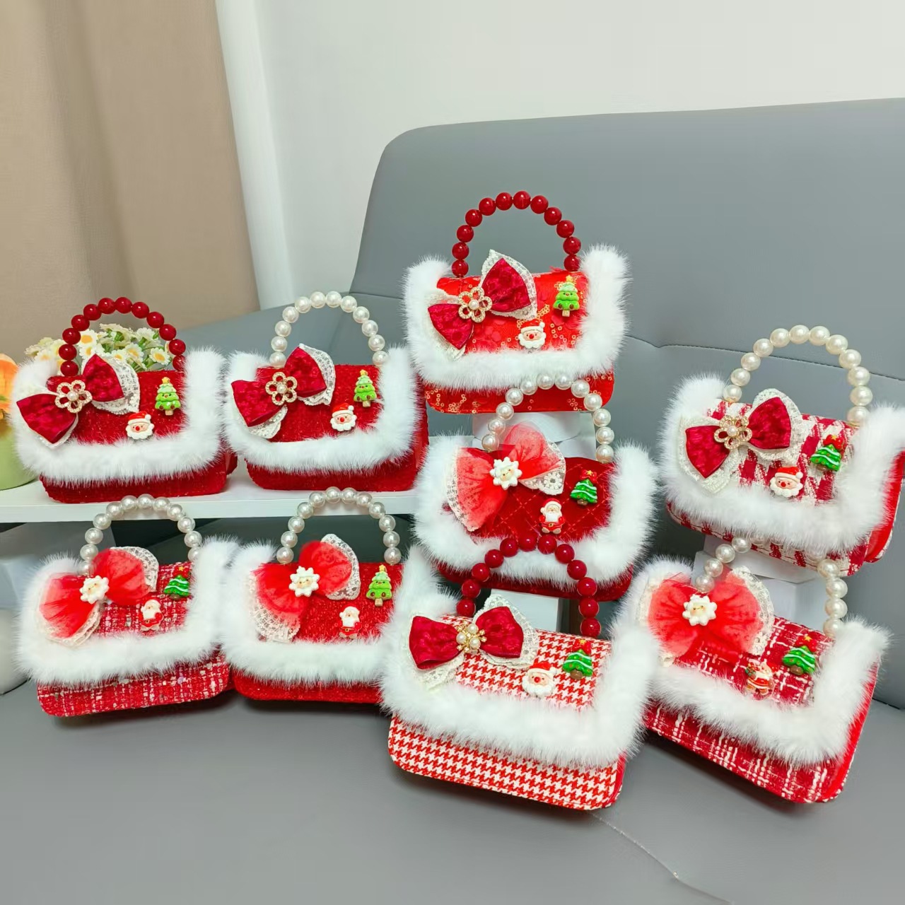 Gran bolso de perla de arco rojo, Santa Claus, bolso de Año Nuevo, cartera de Año Nuevo, hombro, pequeño viento fragante