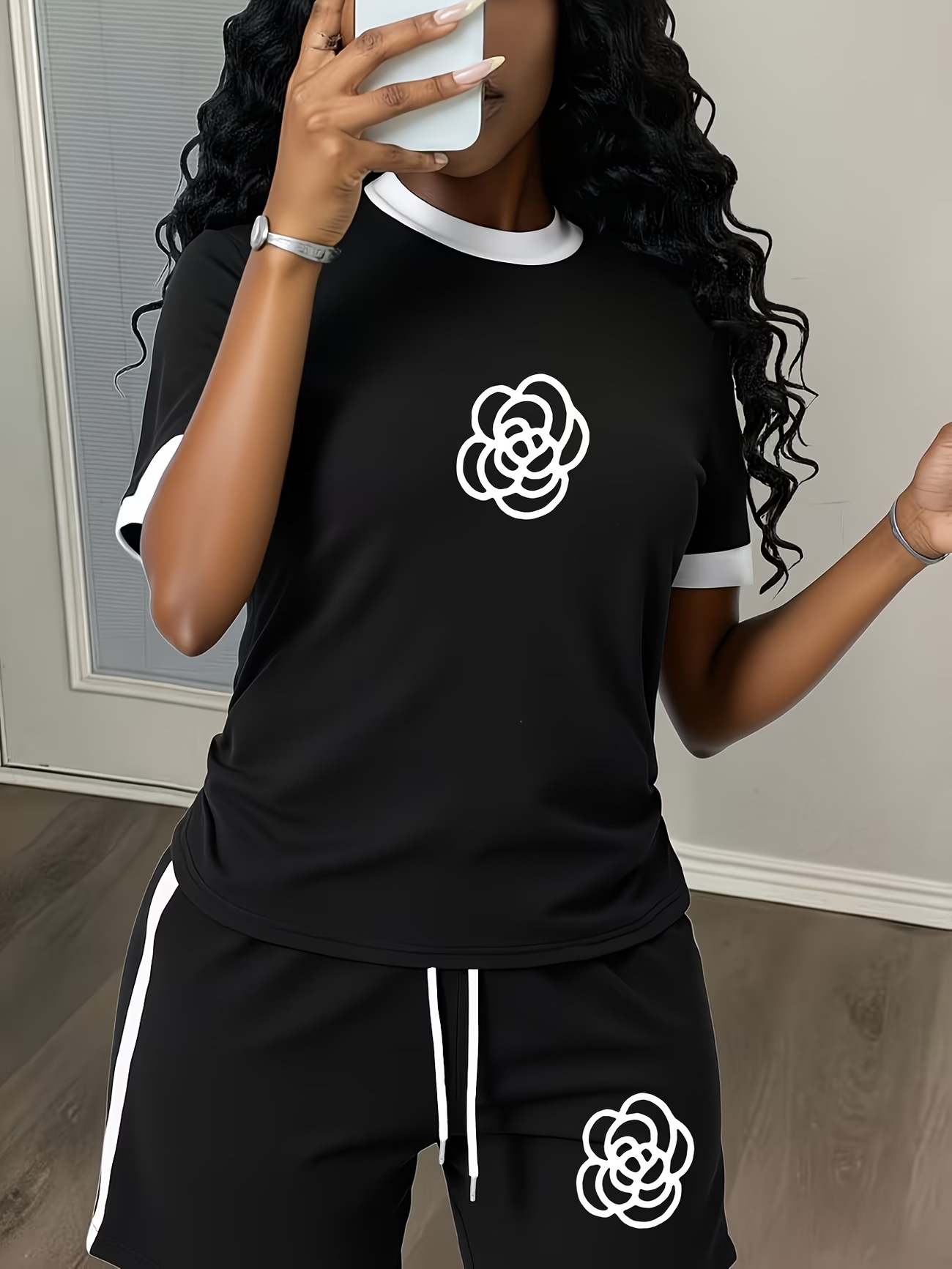 Damen Luxus Kurzarm Set Mit Druck Und Farbblock Für Den Sommer_voghion.com