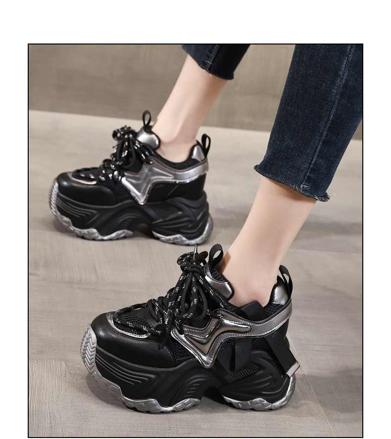 Giày sneaker nữ đế dày độn cao bên trong, phong cách bánh xốp mới mùa xuân — Màu đen chi tiết 15