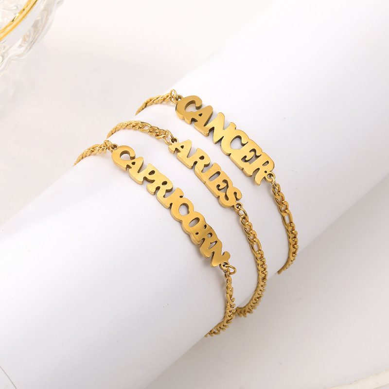 Cross-Border New Foreign Trade Jewelry Twelve Zodiac Signs Letter Beach Stainless Steel Bracelet Anklet Figaro Personalized Chain Cross-Border New Foreign Trade Jewelry Twelve Zodiac Signs Letter Beach Stainless Steel Bracelet Anklet Figaro Personalized Chain