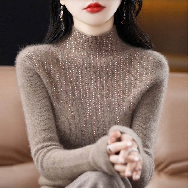 2025 Autumn and Winter Half Turtleneck Rhinestone Sweater Women's Pullover Slim Long-Sleeved Inner Knitted Bottoming Shirt Women's Tops Wholesale