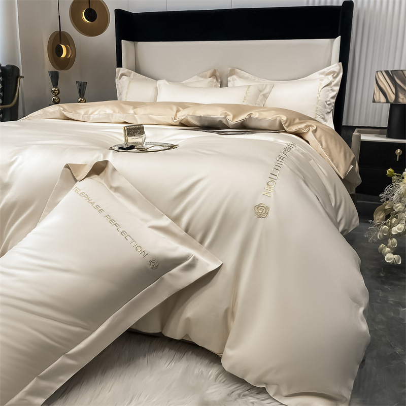 Juego de cuatro piezas de cama de alta calidad de lujo ligero, bordado de algodón puro, ropa de cama para niños, funda de edredón, combinación de tres piezas