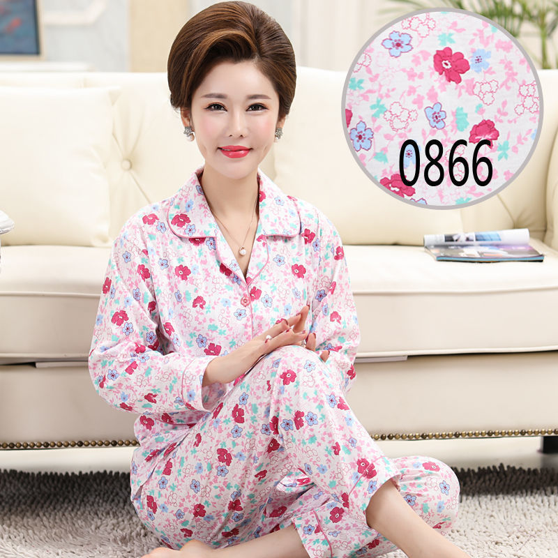 [Plus size] mamá de mediana edad y ancianos pijamas de manga larga de las mujeres de edad avanzada primavera y otoño ropa de hogar traje de Cardigan de verano