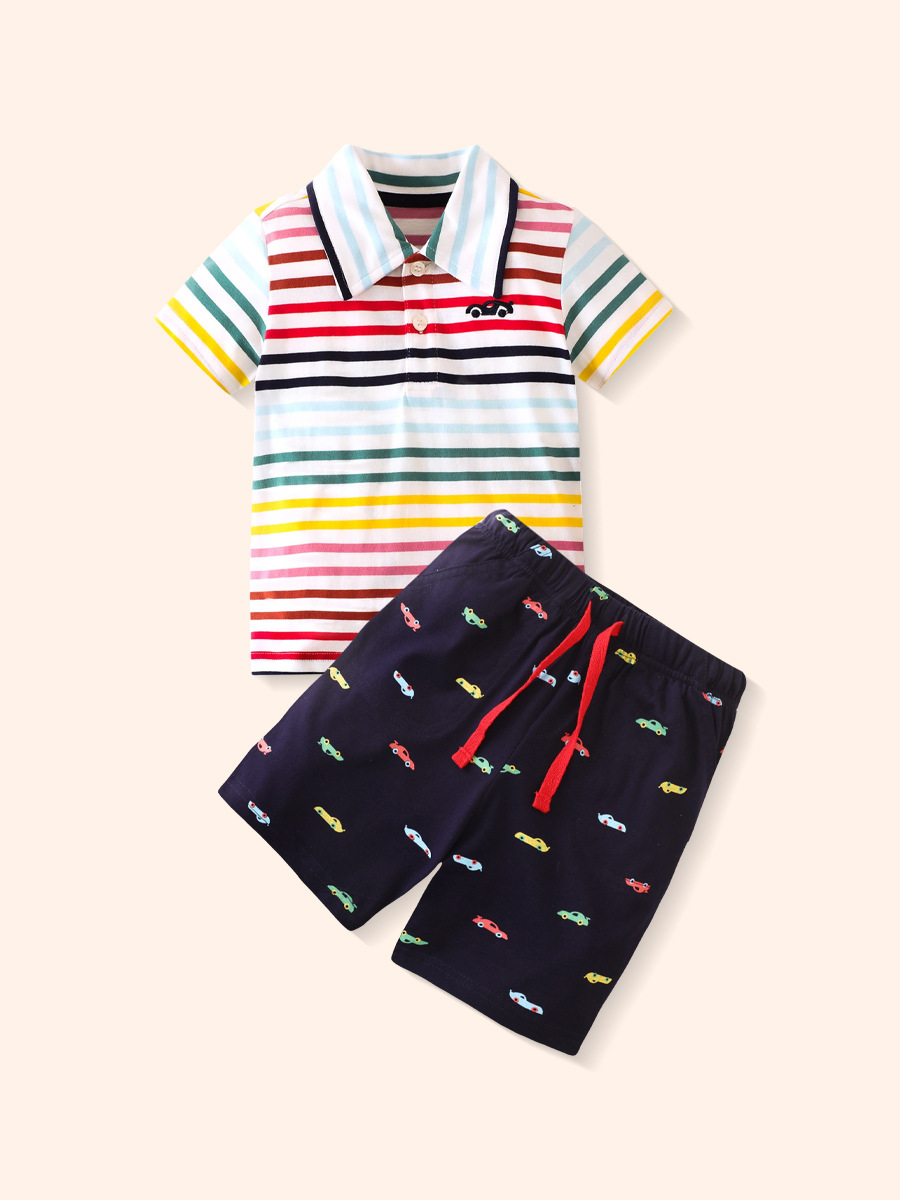 2025 verano nueva tendencia de moda para niños pantalones cortos de manga corta traje de camisa POLO traje de dos piezas a rayas para niños