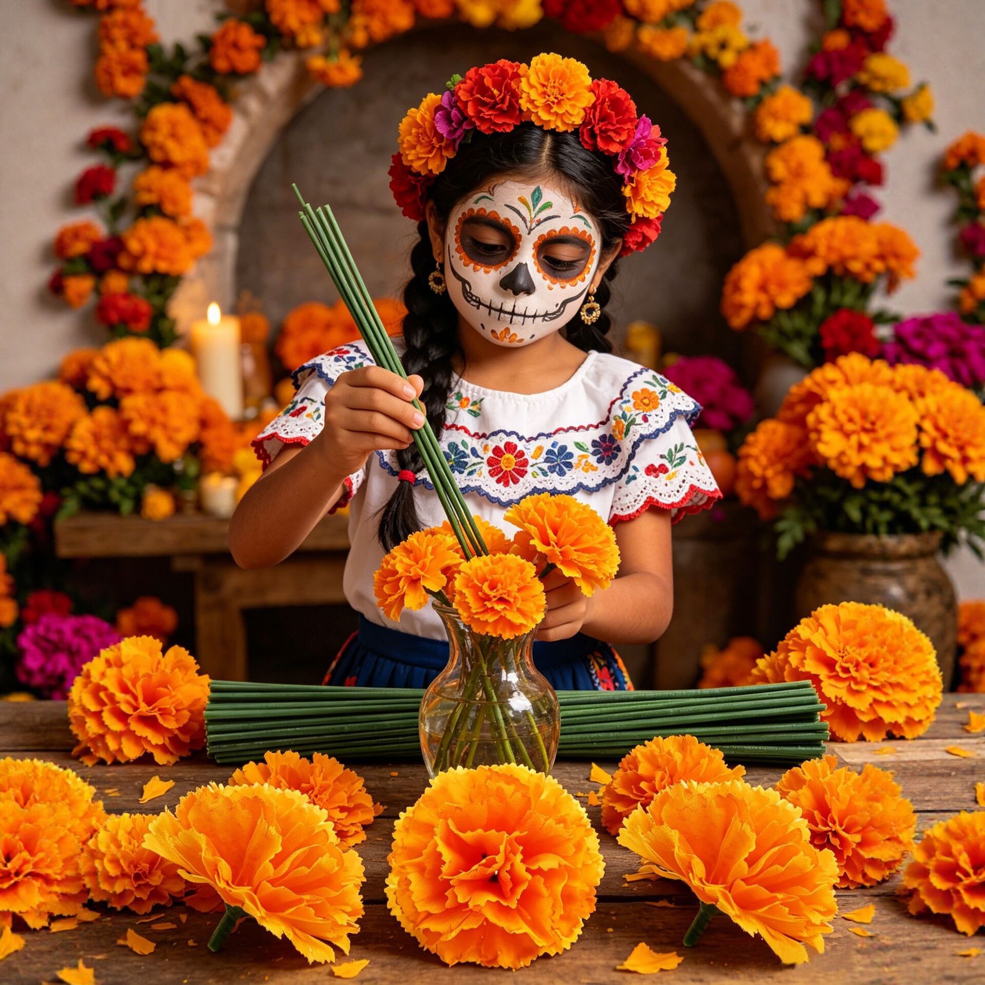 Decoración de Halloween de calendula mexicana de día de muertos guirlandas accesorios claveles guirlandas DIY props de Halloween
