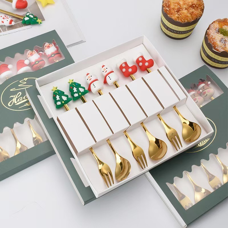 Cucharas de acero inoxidable transfronterizas muñecas de Papá Noel cubiertos cajas de regalo caseras de café mezclador cucharas de postre horquilla de frutas