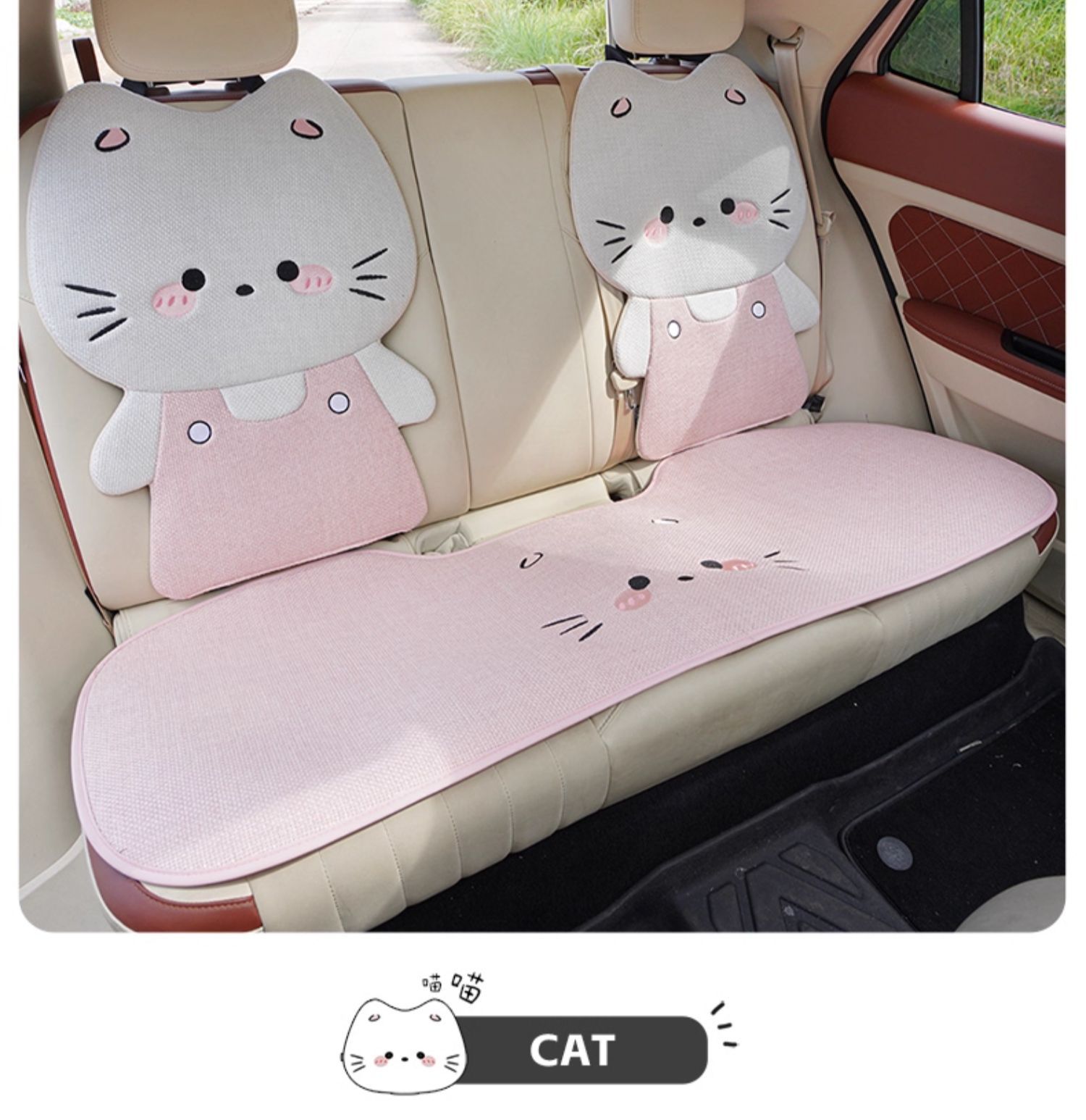 Four Seasons Linen Car Seat Cushion Cute Cat Skin-Friendly Breathable Seat Cushion Rear Single Piece Four Seasons Universal Seat Cushion Cover