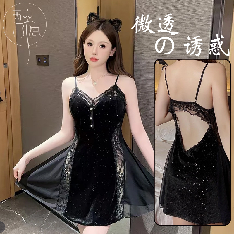 New plus size Gold Velvet Lulu Same Style Nightdress Sequins Pearl Sling Sexy Perspective Robe Pajamas suit