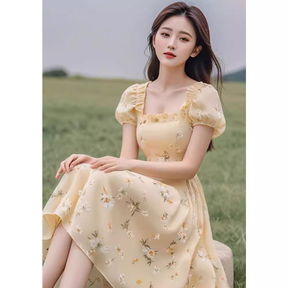Váy liền hoa vàng tay bồng chít eo phong cách Pháp — Màu vàng