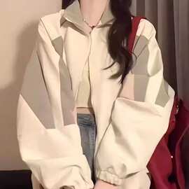 跨境虾皮2023新款拼色飞行服翻领上衣女韩版chic宽松街头潮流百搭