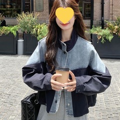 撞色拼接立领牛仔外套女秋季2025新款宽松休闲复古风工装风短夹克