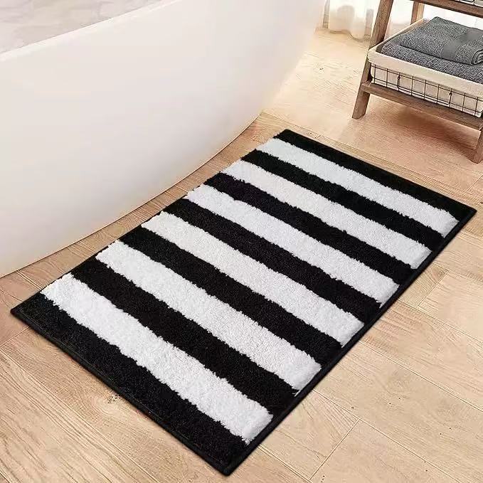 Bathroom Kitchen Waterproof Anti-Slip Carpet Black and White Gray and White Stripesd Imitation Cashmere Printing Water-Absorbent Anti-Slip Mat for Entrance Door