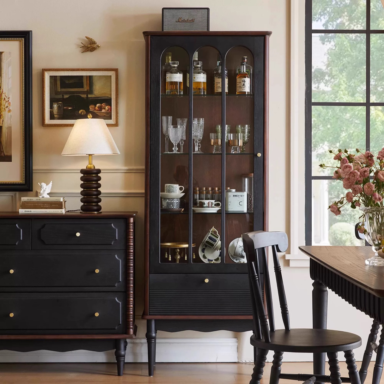 French Retro Solid Wood Wine Cabinet Living Room Wall Storage Cabinet Antique Style Display Cabinet Red Wine Cabinet Bryan Storage Cabinet