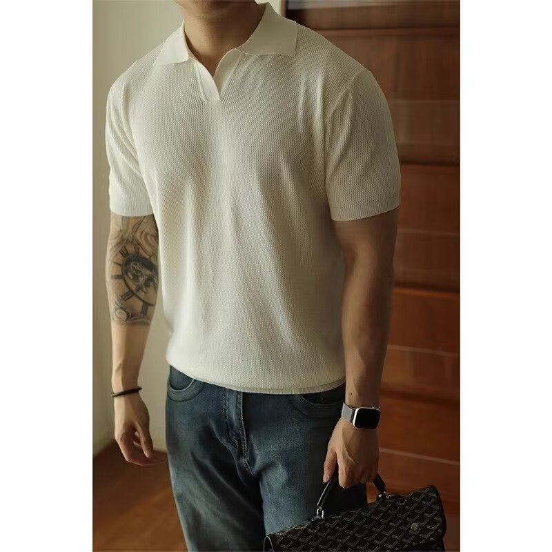 Camiseta polo de manga corta de punto para hombre de verano Camiseta de media manga con solapa casual de seda de hielo de color sólido de estilo coreano delgado
