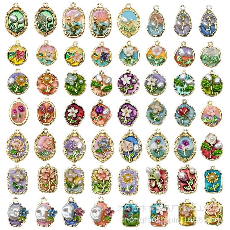 French Retro Light Luxury Enamel DIY Earrings Necklace Pendant Oil Painting Flower Monet Garden Alloy Oil Dropping Accessories
