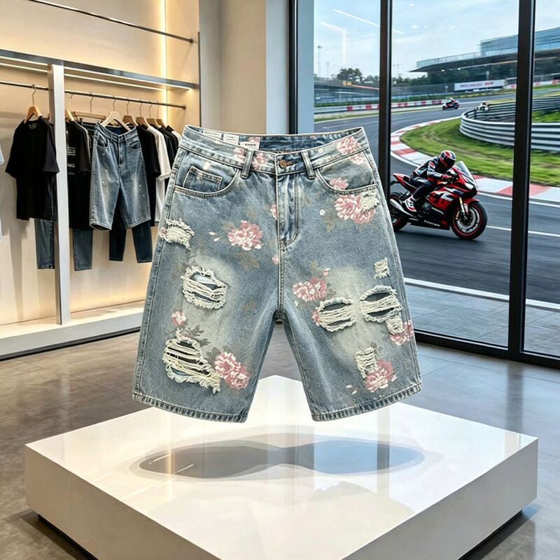 All-Over Rose Floral Print Distressed Denim Shorts for Men, Unique Design, High Street Style, New American-Style Straight-Cut Shorts All-Over Rose Floral Print Distressed Denim Shorts for Men, Unique Design, High Street Style, New American-Style Straight-Cut Shorts