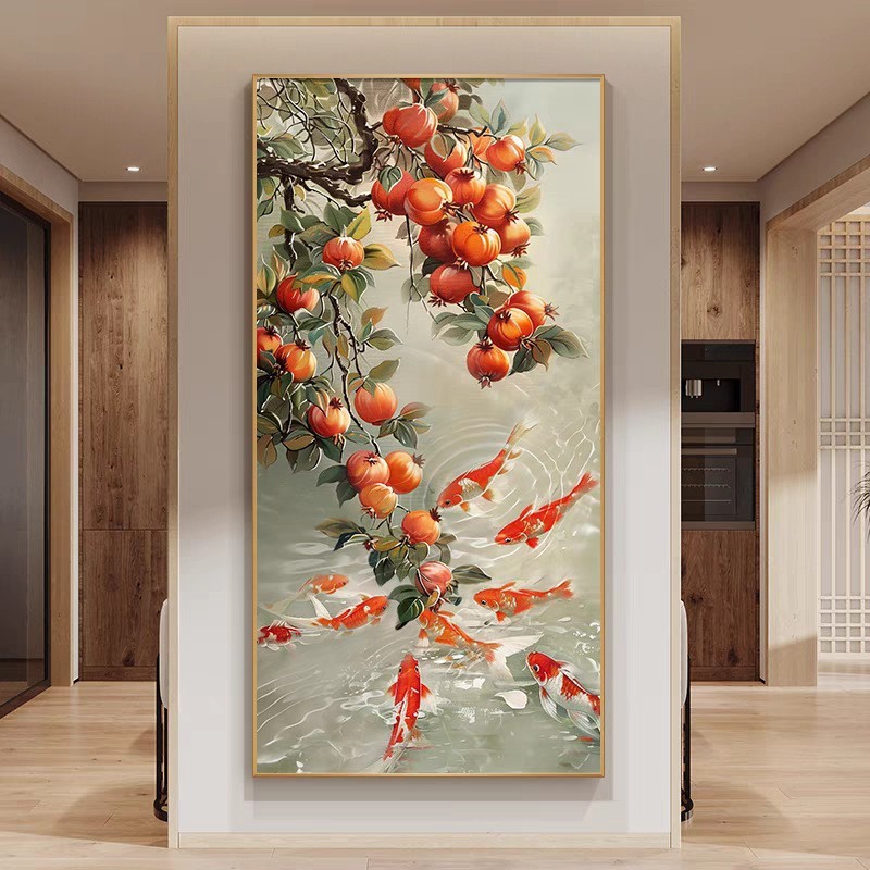 新中式石榴玄関装飾画、廊下掛け絵、玄関壁画、良い意味を持つ九魚図、中国風、国潮風|undefined