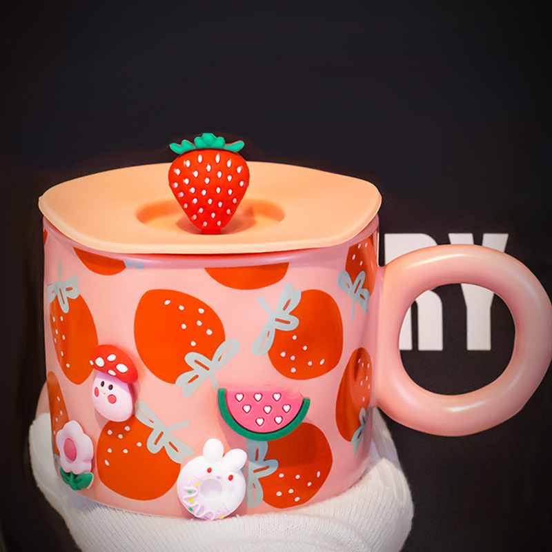 Fruta creativa Linda taza de cerámica taza de consumo doméstico con tapa cuchara taza de verano taza de café de la oficina