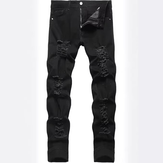 Men's Slim Fit Stretch Jeans with Holes, Vintage Style, Straight Leg, Fashionable Black Pants