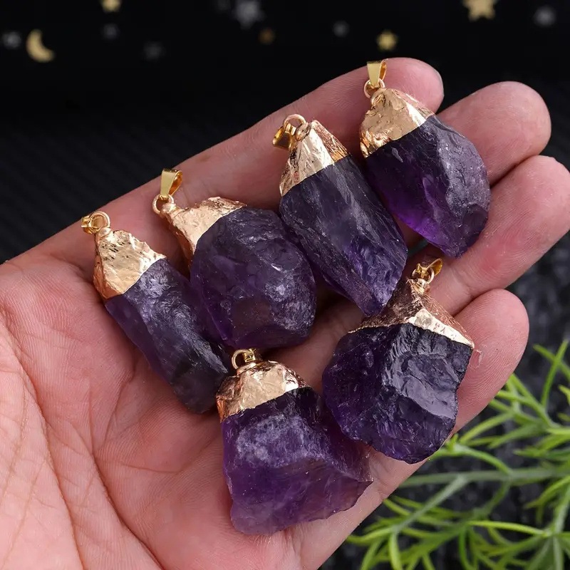 Natural Amethyst Pink Crystal Irregular Pure Copper Pendant DIY Jewelry Accessories Crystal Raw Stone Necklace Pendant Cross-Border