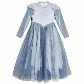 现货2025女童长袖蓝色冰雪纱裙 艾莎公主连衣裙