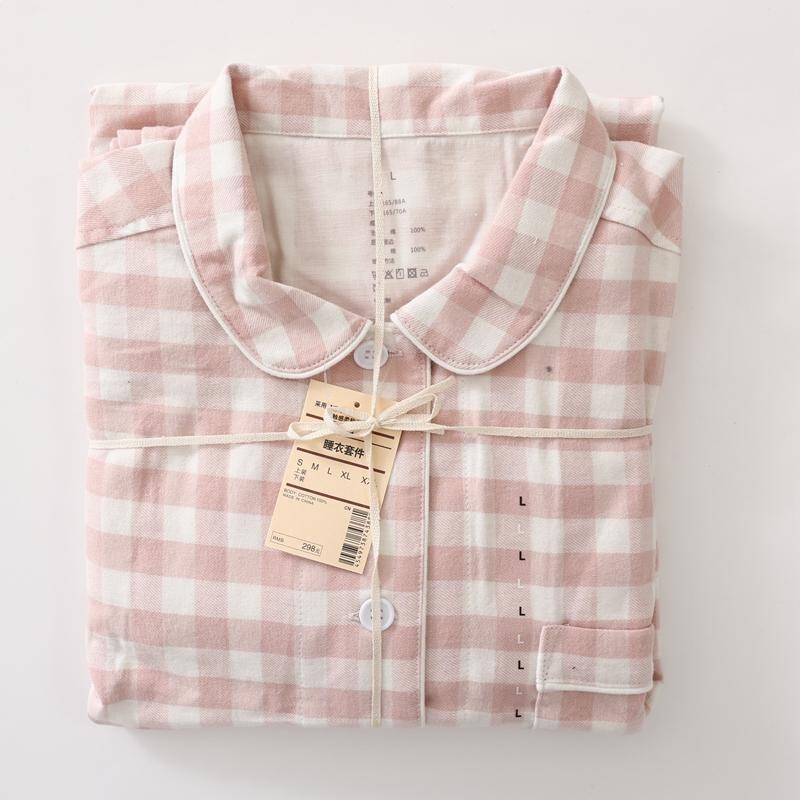 Class a Unprinted Striped Loungewear 100% Cotton Brushed Flannel Pure Cotton Pajamas Men's and Women's Long-Sleeved Set