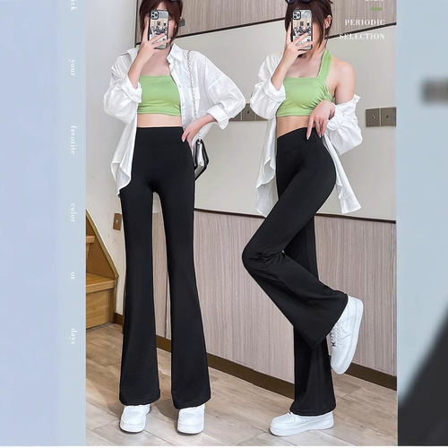 Black Micro Trumpet Shark Women's Outerwear High-Waist Spring and Autumn Thin Tight Sheer Floor-Length Wide Leg Pants