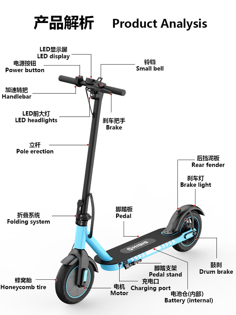 Overseas warehouse direct shipment from source factory: Small foldable electric scooter 10inch with honeycomb tires, 350W front drive, cross-border wholesale
