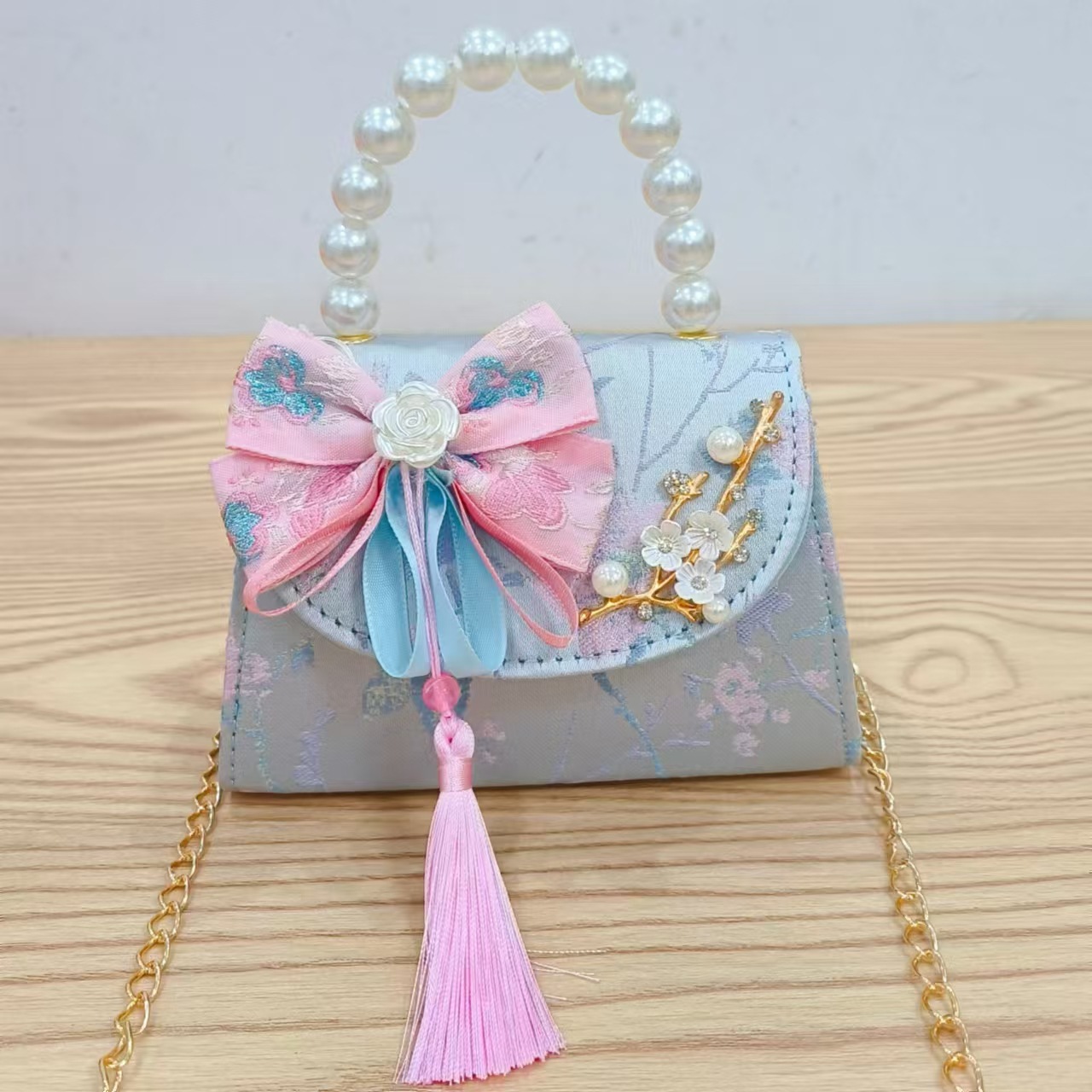 Bolso de princesa de estilo chino bolso de cadena bolso de perla bolso de mano para niñas bolso de accesorios de ropa de vestir regalos del día del niño