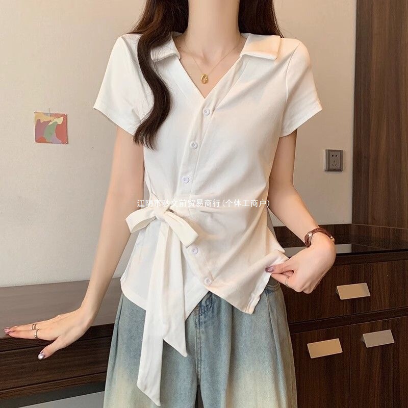 40-Count Pure Cotton [92% Cotton, 8% Spandex] 100kg Plus-Size Women's Summer Polo Collar Tie-Up Short-Sleeve T-Shirt