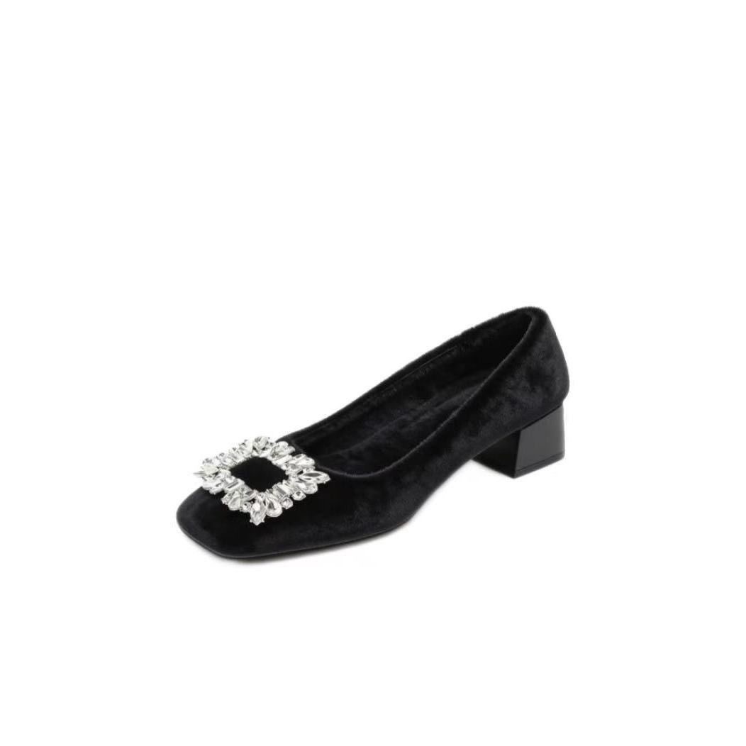 2026 primavera nueva hebilla cuadrada cabeza cuadrada diamante gamión zapatos de tacón grueso zapatos negros red temperamento rojo zapatos de tacones altos