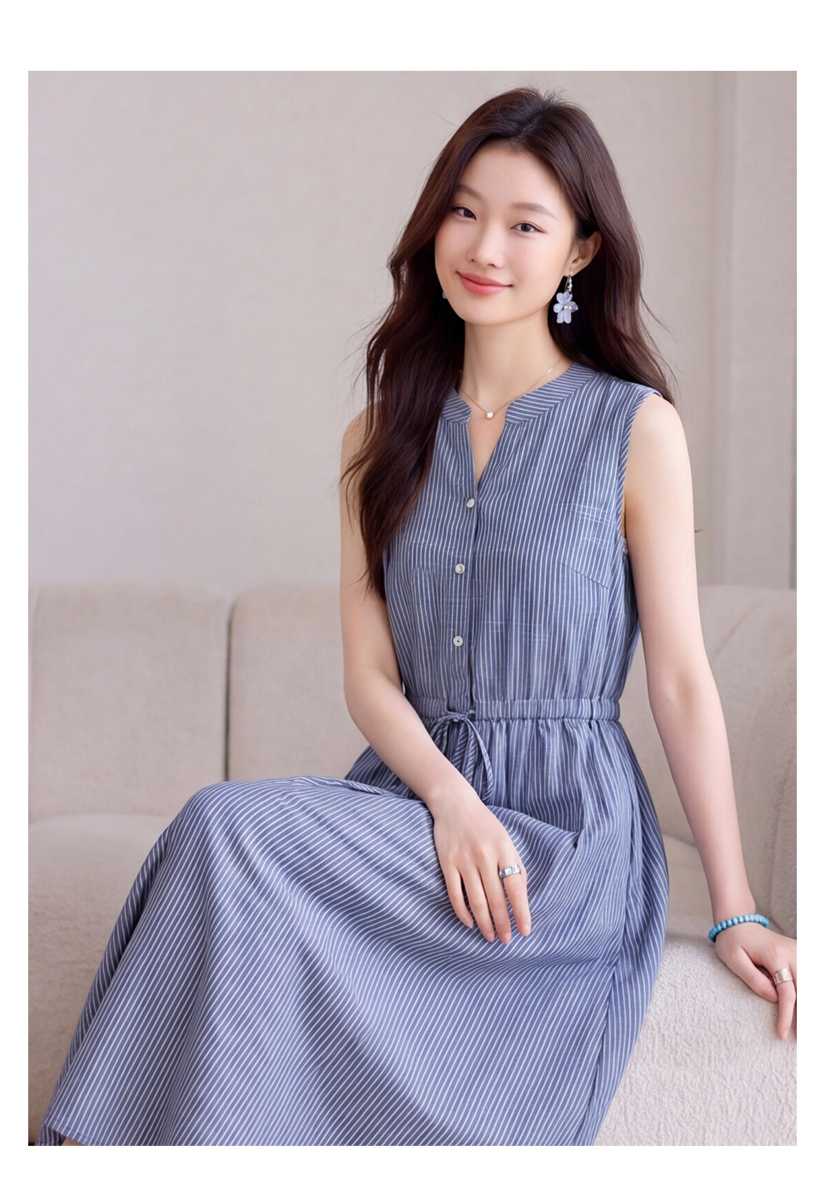 Đầm maxi nữ thắt eo cổ V rút dây, dáng chữ A trung niên mùa hè — Sọc Tây Tạng, Lưới đỏ, Sọc kaki chi tiết 22