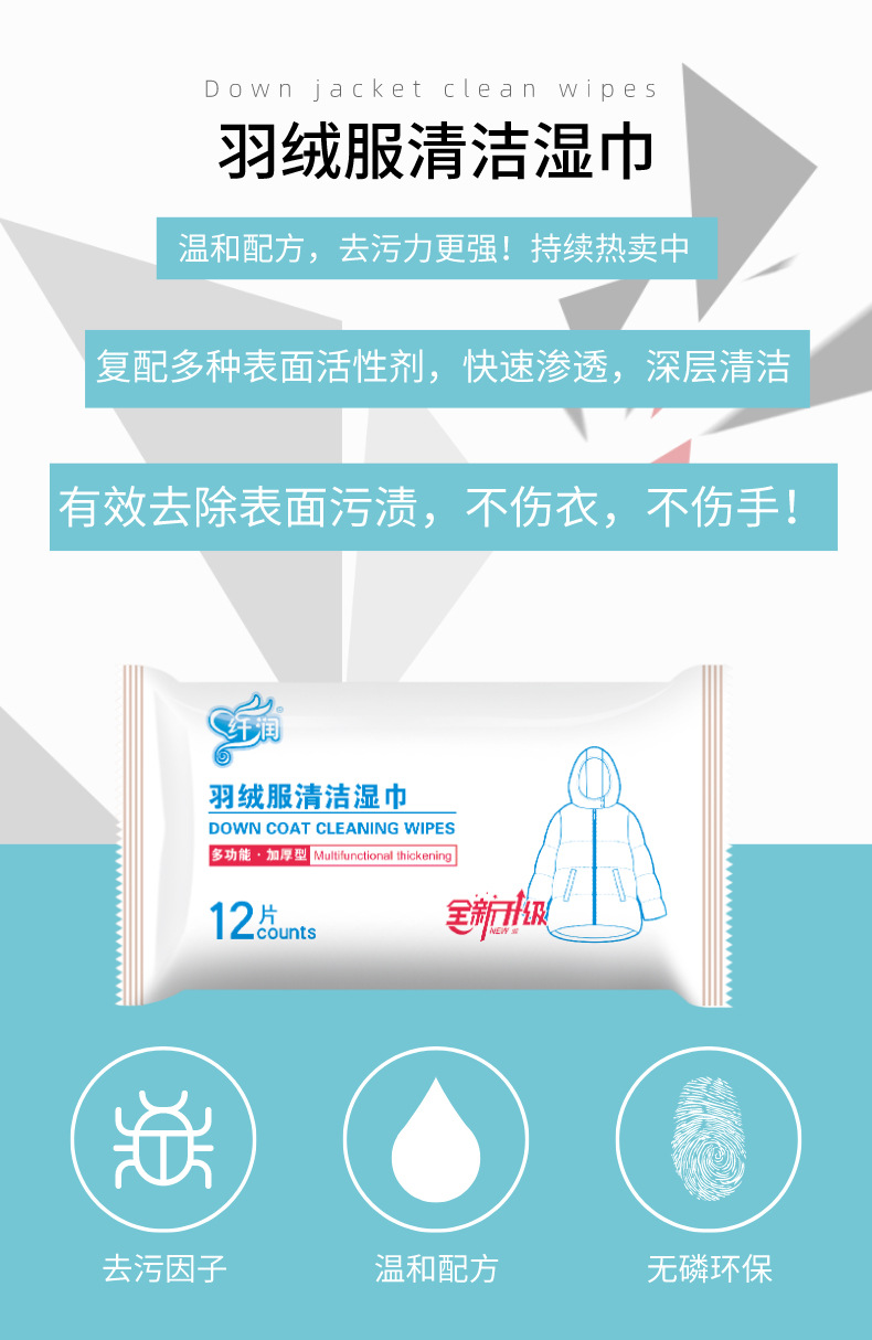 羽绒服湿巾12片便携装多功能免水洗去污擦鞋清洁专用批发工厂详情1