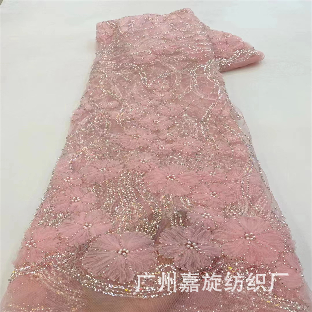 Vestido de boda francés bordado full sequined cuentas tejido de encaje de novia 3D tela de encaje