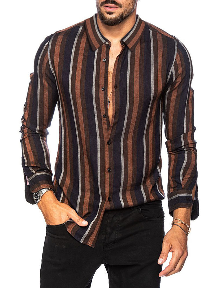 2023 camisa a rayas de los hombres de comercio exterior transfronterizo Top Delgado solapa multicolor camisa de manga larga casual tendencia de la moda