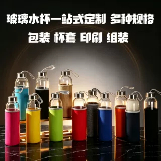 跨境16oz透明玻璃水杯带杯套带盖500ml礼品杯定制logo密封果汁杯