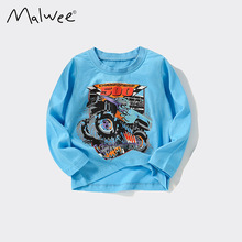 现货malwee男童秋装上衣欧美帅气时髦中小童长袖圆领印花T恤衫