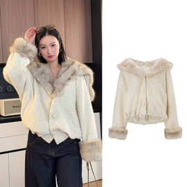 高版本定~制25秋冬新品时尚亮片花呢毛领外套时尚百搭连帽上衣女