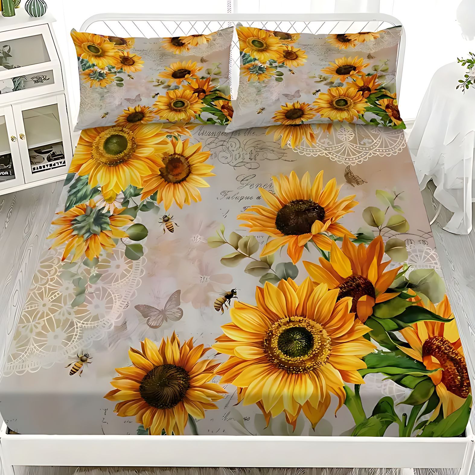 TEMU / JIT transfronterizo brillante girasol HD impresión digital cama suave gaza almohada conjunto de dibujo puede hacer