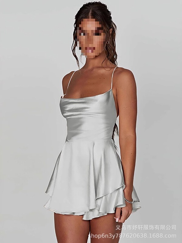 Summer Amazon European and American Sexy Pleated Women's Suspender Dress with Backless Drawstring and Satin Tube Top Summer Amazon European and American Sexy Pleated Women's Suspender Dress with Backless Drawstring and Satin Tube Top