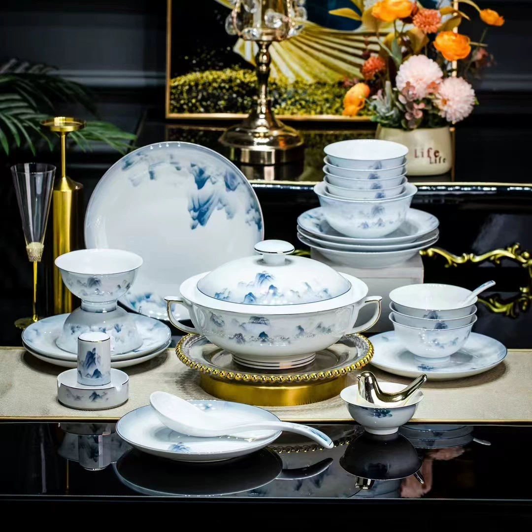 Керамическая посуда Jingdezhen: белый фарфор с глазурью, цвета гор, набор тарелок, мисок и ложек для подарка друзьям домой