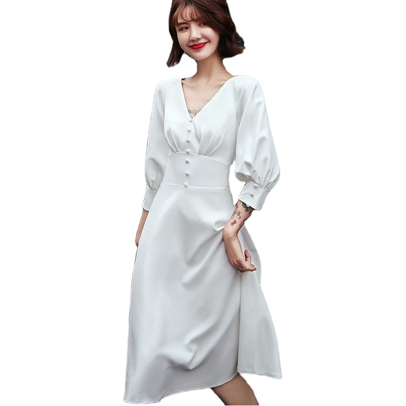 Vestido de noche blanco para mujer, nuevo estilo 2026, aura regale, elegante vestido de satén apto para uso diario y banquetes, estilo francés.